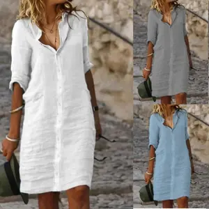 2025 New Loose Turn-down Collar Button Mid-sleeve Solid Color Cotton Linen Shirt Dress Casual Womenswear