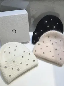 1 solid color imitation rabbit hair and rhinestone urine cap, warm, thick, fashionable, multifunctional and cute knitted cap, suitable for both men and women, super soft and comfortable, suitable for use in autumn and winter, Knitting Beanie