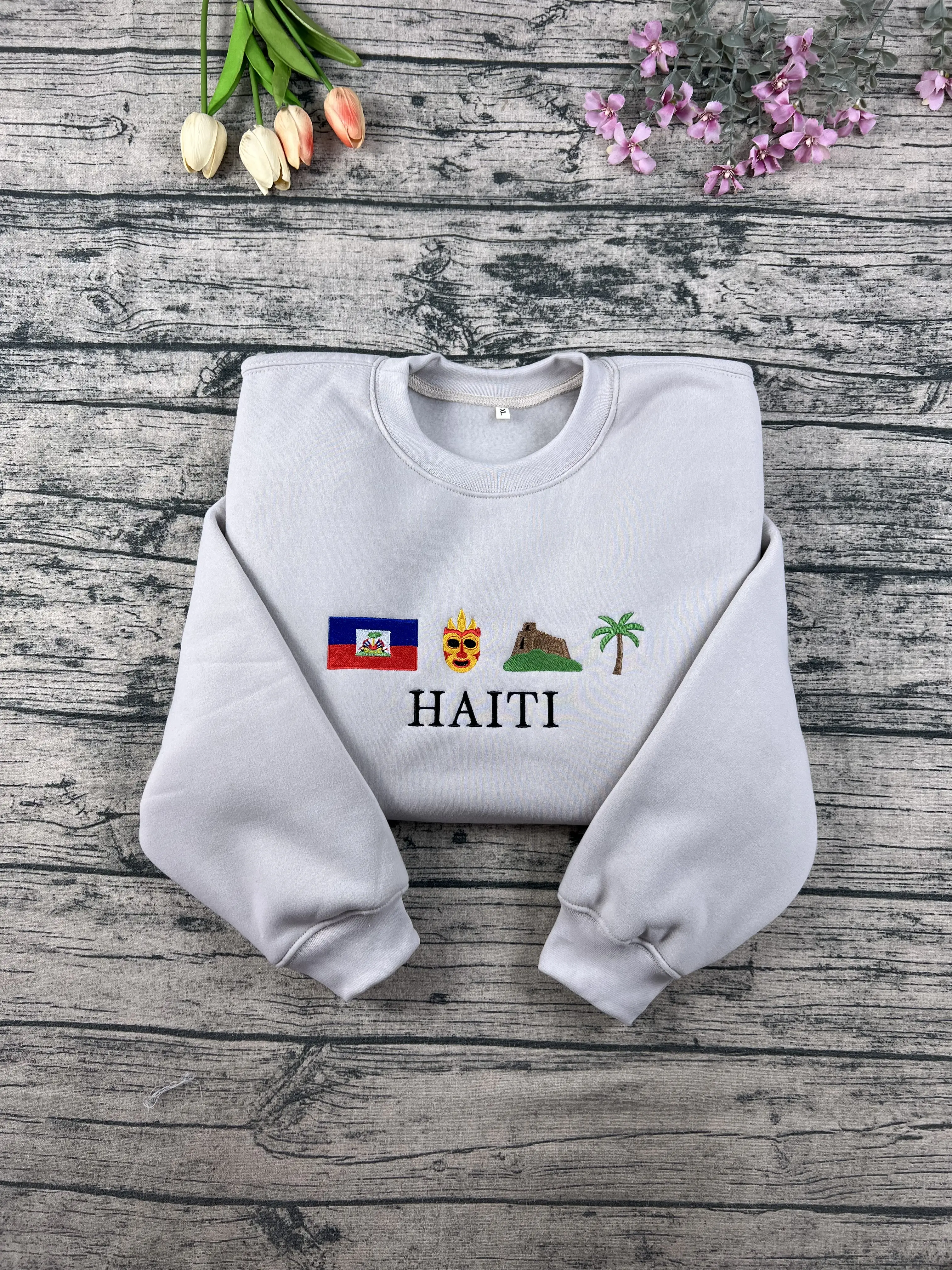 Haiti State Embroidered Sweatshirt, Haitian Flag, Royal Palm, Citadelle Laferrière, Mask