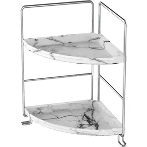 2-Tier Corner Bathroom Organizer Countertop Perfume Makeup Shelf Cosmetics Storage Display Rack Vanity Kitchen Spice Rack PP Imitation Marble Design Tool-Less Install(Silver)
