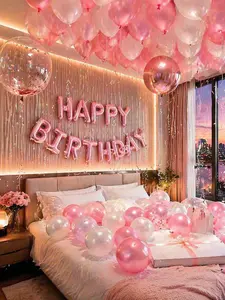 13/59PCS Pink Birthday Decorations, Happy Birthday Balloon Banner with 4D Foil Balloon & Pink Latex Balloons, Princess Birthday Party Decor Kit for Girls, Bedroom Surprise, Photo Backdrop