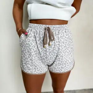 Women's Summer Sports Shorts Leopard Print Elastic Waist Tie Contrast Trim Casual Shorts High Waist Casual Pants