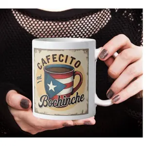 Puerto Rico Mug Cafecito and Bochinche Ceramic Coffee Mug 11 oz with Puerto Rican Flag Design