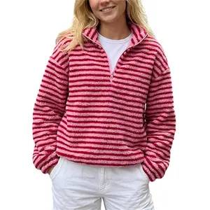 Womens Half Zip Sherpa Fleece Striped Jacket Oversized Stand-up Collar Sweatshirt Warm Fuzzy Outerwear