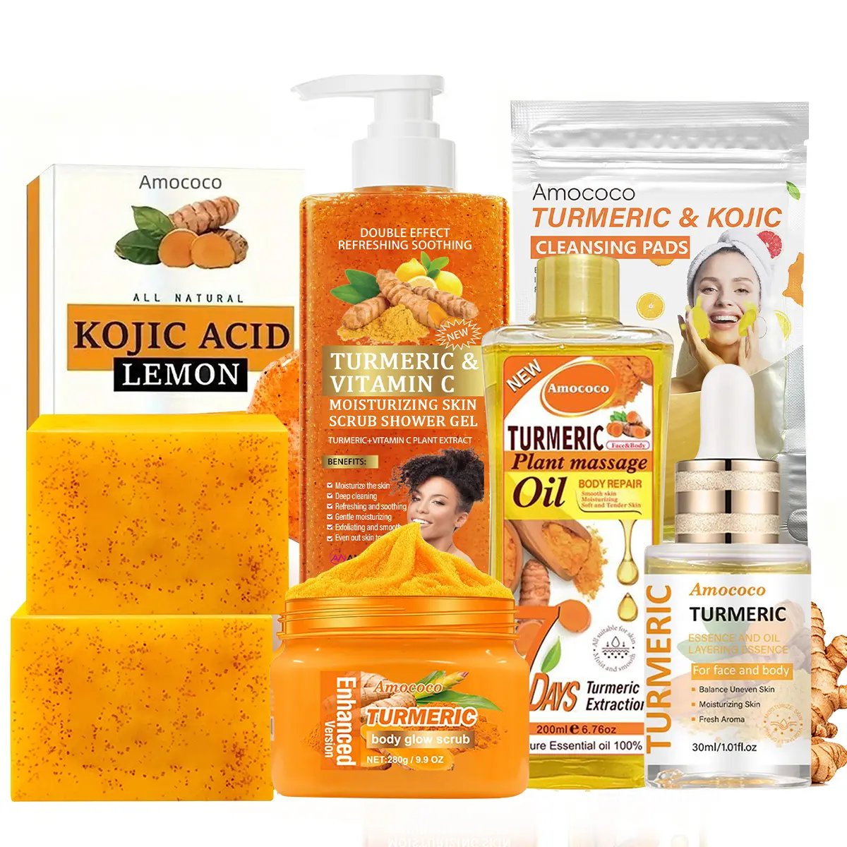 Turmeric Full Body Ultimate Care Set | Double Turmeric Soap, Body Wash, Exfoliating Scrub & 200ml Pure Turmeric Oil, All-Natural Daily Cleansing & Moisturizing Skincare Kit