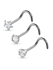3pcs Minimalist Rhinestone Star, Round & Heart Decor Nose Studs, Curved Design Stainless Steel Hook Nose Ring, Fashion Body Jewelry Accessories For Women, Non Tarnish Jewelry, Nose Rings Set