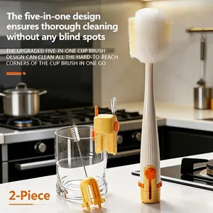 2-Piece Multifunctional 5-in-1 Bottle & Straw Cleaning Brush Set with Multi-Heads, Detachable Parts and Soft Sponge - Fits All Cups, Cream White Home Care Tool with Free Gift