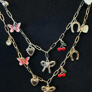 Bow Charm Necklace 18" Lobster Claw Closure with Extending Hooks Featuring Butterfly Heart and Cherry Charms