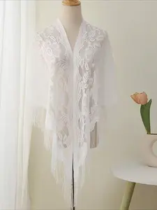 1pc Women's Solid Color Lace Hollow Tassel Shawl, Fashionable Breathable Thin Shawl For Bride & Bridesmaids Dress, Banquet, Lady