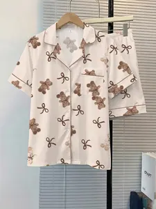 Women's Sleepwear 2-Piece Set Pajamas, Striped Bow Bear Design, Comfortable Night Home Wear, Soft Fashion Fabric, Casual Daily Use