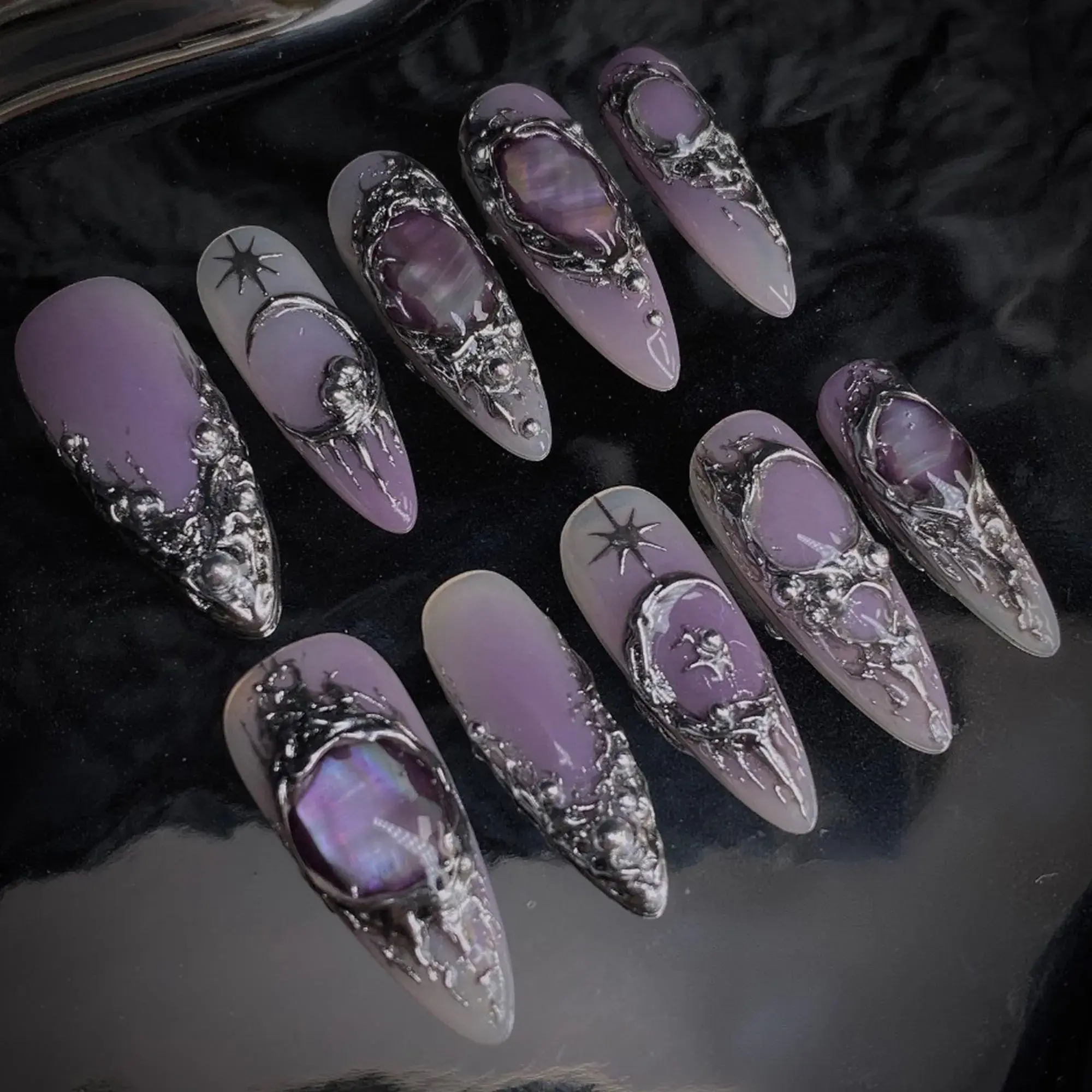 Handmade Gothic Cat Eye Press On Nails | Purple Chrome Moon & Star 3D Liquid Metal Design | Stiletto Cosmic Vibes Set