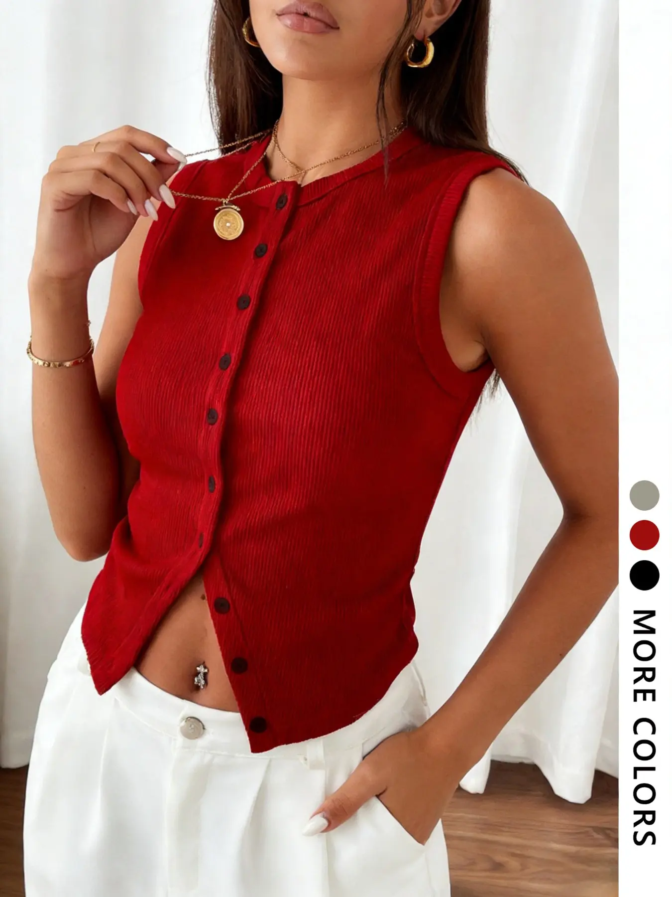 Women's Ribbed Button-Front Crop Tank | Slim-fit stretchy sleeveless top, available in red, grey & black, trendy casual top, Casual Sleeveless Tops, perfect for summer outfits & daily streetwear