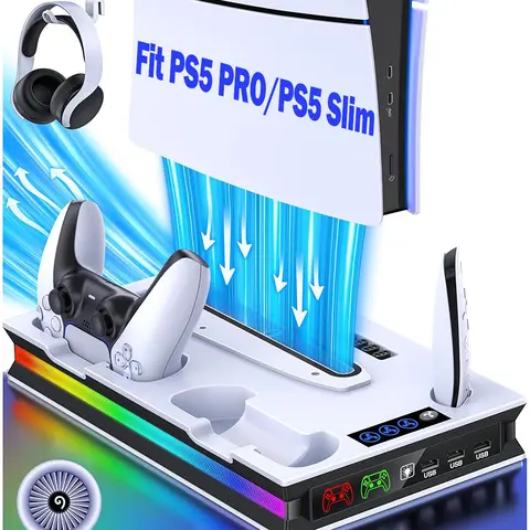 Multi-Function Controller Charging Cooling Station for PS5 Pro/Slim (Disc/Digital) - Built-In Overheat Protection, 3-Level Adjustable Cooler Fan, RGB LED Light Modes Set Gaming Mood, 3-USB Ports, 1x Headset Holder, 1x Media Panel, Console Accessories