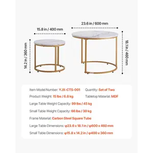 VEVOR Nesting Coffee Table Set of 2, 23.6 in Round Coffee Table, Nesting Tables for Small Place, Vintage End Side Tables Night Stand with Metal Frame, for Living Room, Bedroom, Office (White Gold)