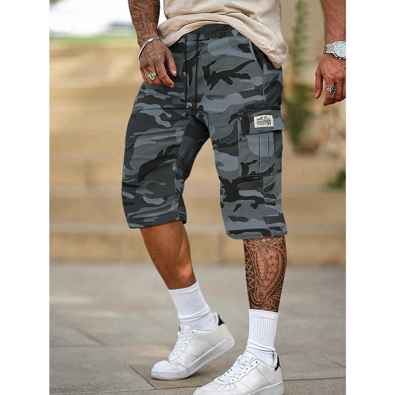 HIDKAT Men's Casual Camouflage Cargo Drawstring Athletic Shorts, Menswear Regular Fit, Non-Stretch Fabric, Above the Knee, Large Flap Pockets, Letter Patch Detail