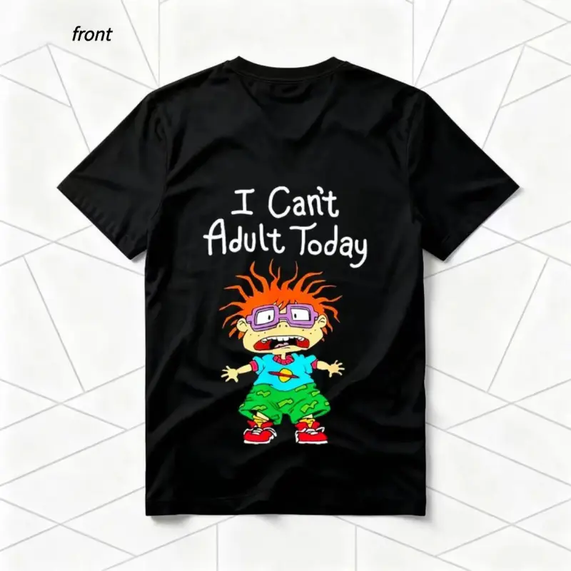 🍼😆[Graphic Tee]"I Can't Adult Today Rugrats Cartoon T-Shirt – Retro 90s Black Short-Sleeve Unisex Tee with Nostalgic Character Graphic, Casual Streetwear for Meme & Cartoon Lovers, Funny Pop Culture Fashion Statement, Crewneck Menswear"
