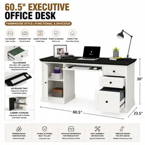 60.5" Executive Office Desk with File Drawer, Keyboard Tray & Cabinet Storage, Farmhouse Wood Writing Desk for Home Office or Study, White with Black Desktop