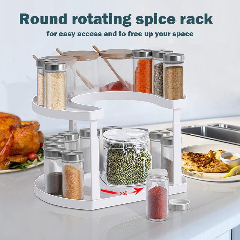 Rotating 2-Tier Kitchen Cabinet Organizer, Multi-Functional Spice Rack Organizer, Space-Saving Shelf for Countertop & Pantry, 4 Adjustable Heights, 360° Rotatable - White