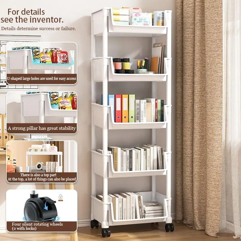 5-Tier Rolling Plastic Storage Cart with Wheels (35*26.5*125cm) - White Utility Rolling Cart for Kitchen/Bedroom Storage Organization, Small Room Organization Products, Books & Supplies