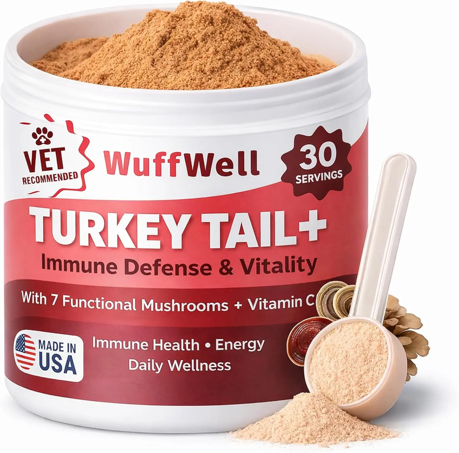 WuffWell Seven Shrooms Mushroom Blend Powder for Dogs, Turkey Tail, Reishi, Shitake, Maitake, Cordyceps, Chaga, Phellinus
