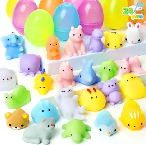 Easter 2026 Gift 24 Pcs Easter Prefilled Eggs with Mochi Squishy Toys, Animal Stress Reliever Squishy Toy for Glitter Transparent Easter Eggs Filler, Kids Party Favor, Basket Stuffers, Classroom Prize Supplies