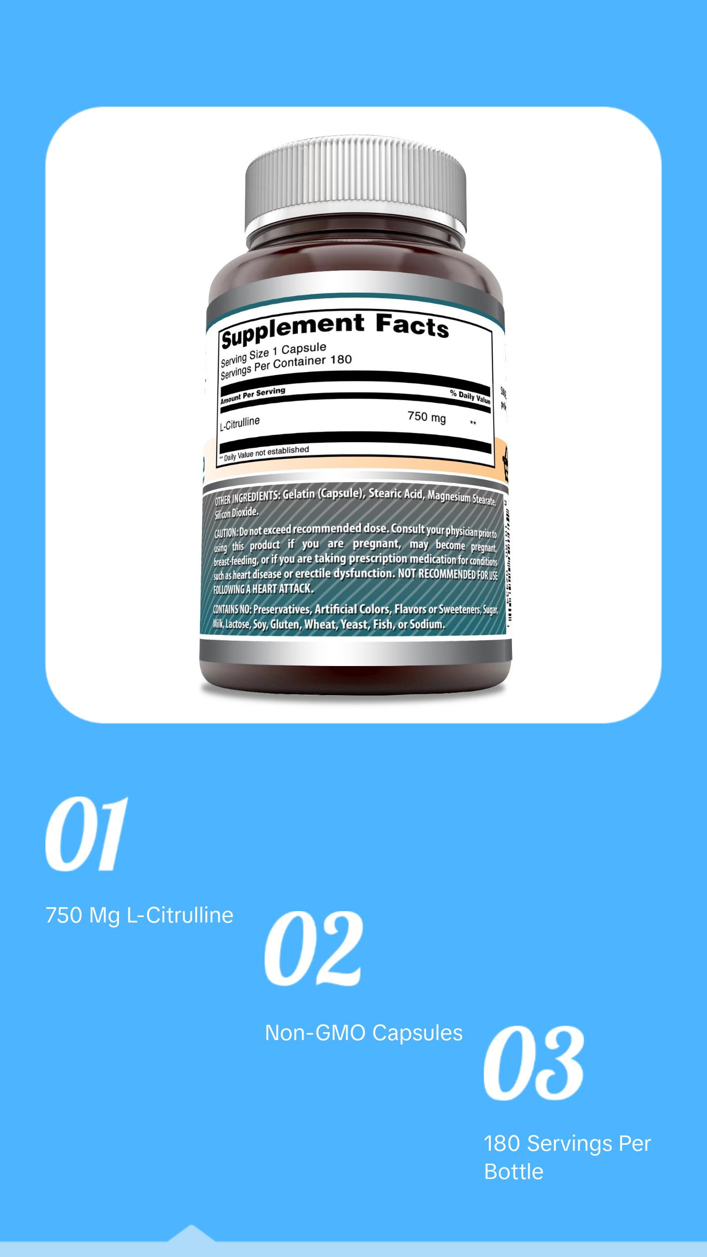 Amazing Formulas L-Citrulline Supplement | 750 Mg | 180 Capsules | Non-GMO | Gluten-Free | Made in USA