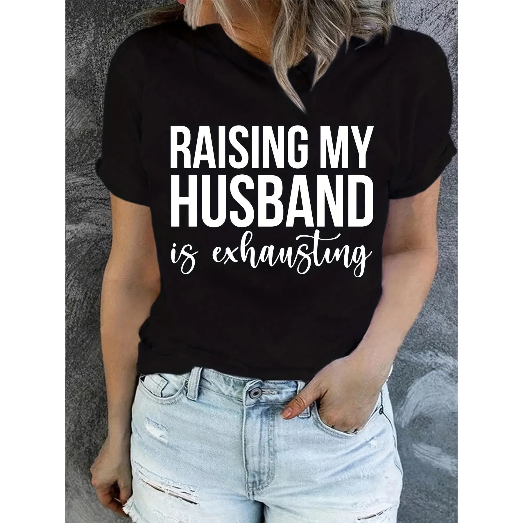 Lady's Oversized Loose Short-Sleeve Round Neck Simple Soft Printed T-Shirt - "Raising My Husband Is Exhausting" Graphic, Lightweight Breathable Fabric, Casual Streetwear Summer Statement Top