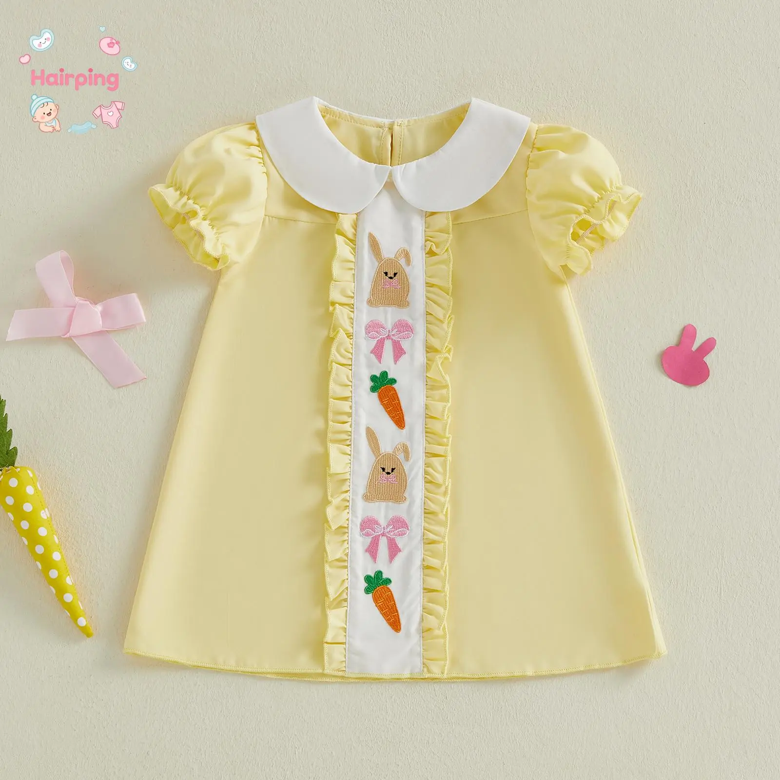 Baby Girl Clothes Toddler Outfit - Yellow Short Puff Sleeve Easter Dress with White Peter Pan Collar, Bunny & Carrot Embroidery, Ruffle Trim Spring Casual Party Wear, Baby Clothing, 2 - 3 Years