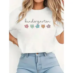 Retro Groovy Kindergarten Hello Kindergarten Teacher Kids T-Shirt Print T-Shirt Casual Crew Neck Short Sleeve Comfort Tee Top For Spring & Summer Women's Clothing.jpg