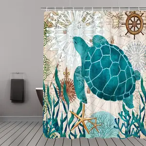 Nautical Sea Turtle Beach Theme Fabric Shower Curtain, Bathroom Curtain, Blue Ocean Decor with Hooks, 71x71 Inches Sky Blue, 12 Hooks Included