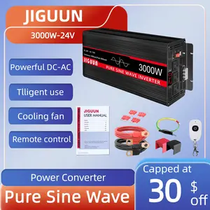 JIGUUN 3000 Watt Pure Sine Wave Inverter, Power Converter 24V DC to 110v/120v AC, Car Inverter for RV Camping Home Outdoor(3000W-24V)