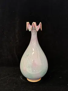 Handmade Chinese Jun Porcelain Vase with Ruffled Flower Top, Vintage Pink-Green Kiln-Fired Glaze Ceramic Vase, Unique Asian Art Home Decor
