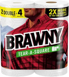 Brawny Tear-A-Square Paper Towels 2 Double Rolls 4 Regular Rolls 3 Sizes Quarter Half Full Strength 2-Ply Durable Absorbent Pack for Kitchen Cleaning Wipes 2X More Durable Sustainable Practices