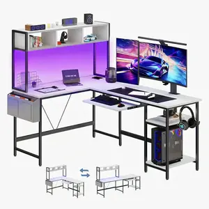 Reversible L Shaped Gaming Desk 67 Inch, Computer Desk with RGB LED Lights, Corner Table That Converts to 94.5 Inch Straight Desk, with Keyboard Tray and Side Storage Bag
