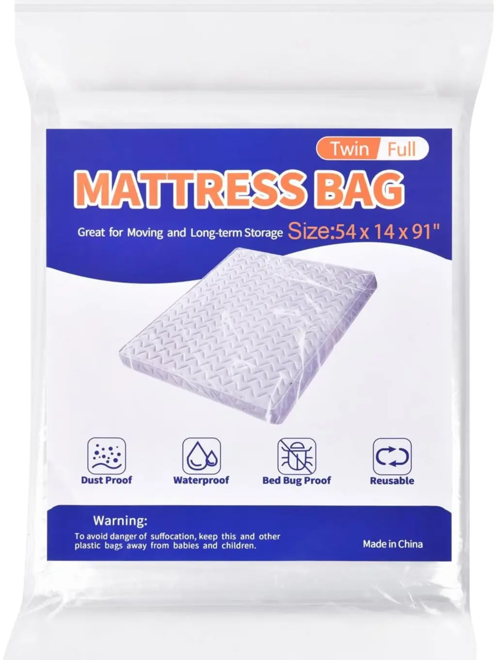 Mattress Bag for Moving Storage - Plastic Mattress Protector Cover, Twin and Full Size (1Pack, Twin/Full)