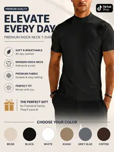 Men's Summer Solid Color Short Sleeve Fashion Tee, High Neck Slim Fit T-Shirt for Gym Casual Wear, Multiple Colors Available, Streetwear, Menswear