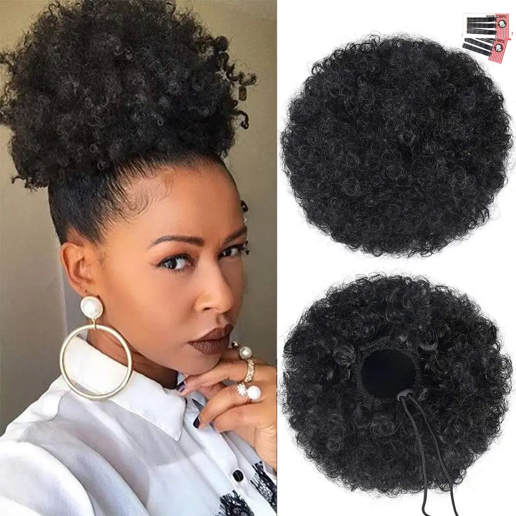 Black Women's Short Kinky Curly Afro Puff Drawstring Ponytail Synthetic Hairpiece - Easy to Wear, Time-Saving, Natural-Looking, Blends Well - Ideal for Gym, School, Work, Casual, Funky Occasions, Edgy