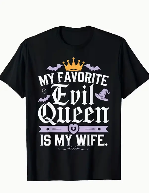 Men's My Favorite Evil Queen Is My Wife Halloween T-Shirt Retro Graphic Tee with Wicked Queen Design, Loose Fit Casual & Costume Party Shirt #SohoChic
