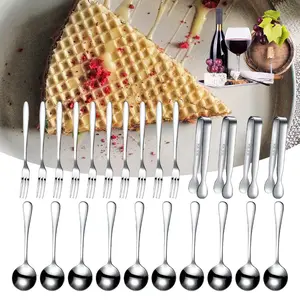 24PCS Charcuterie Accessories Mini Cocktail Tongs Small Serving Spoons and Appetizer Forks Stainless Steel Tongs Charcuterie Utensils for Valentine‘s Day Party(Silver, Circular Spoon)