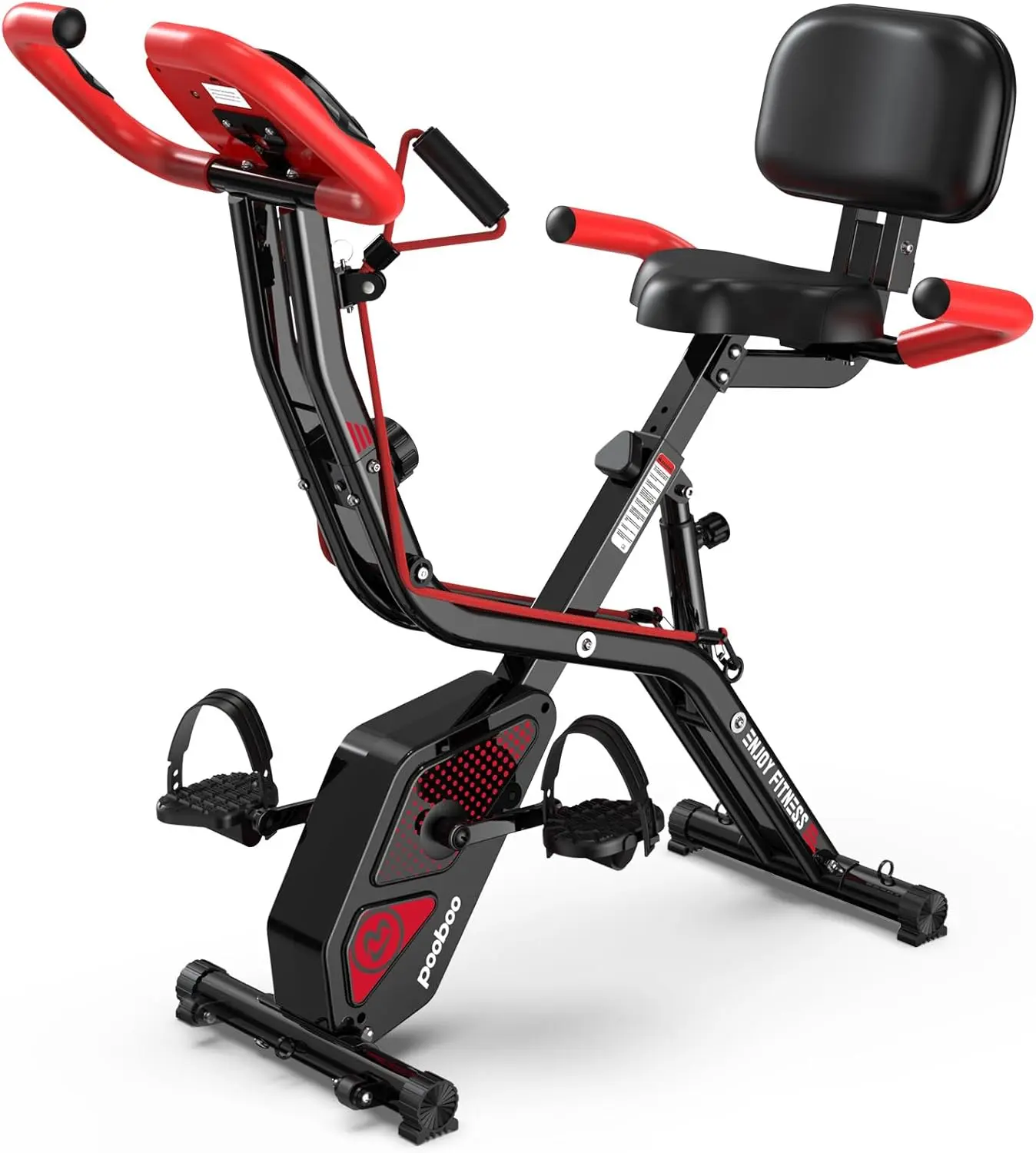 pooboo Folding Exercise Bike, Foldable Upright Stationary Bike, Indoor Cycling Magnetic X-Bike with 8-Level Adjustable Resistance, 6.6 LBS Flywheel, 300LB Capacity, Back Support Cushion for Home Gym