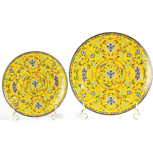 Decorative Plates Set for Display, Yellow Ceramic Plate Decor with Stand, Handmade Vintage Porcelain Ornament for Table, Living Room, Kitchen, Office, Perfect Chinese Style Dish Gift (8in+10in)