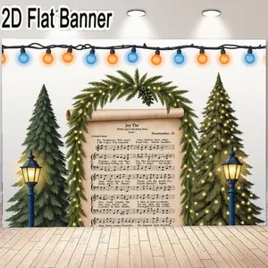 2D flat banner, 1pcFestive Winter Scene Music Scroll Banner - Holiday Decorations with Green Garland, Pine Cone, and Christmas Lights - Joy Psalm Theme for Indoor Outdoor Celebrations and Events - Perfect for Christmas Parties and Winter Gatherings