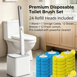 Disposable Toilet Brush, Toilet Bowl Wand Holder Set with 24PCS Cleaner Refills, Bathroom Cleaning System for Sink Bathtub Drain Wash Basin Urinal，Wall-Mount Scrubbing Toilet Brush Bathroom Cleaning Kit