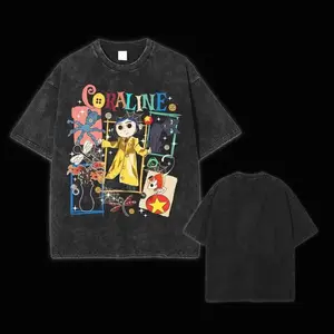 Coraline Retro Vintage Unisex Oversize Acid Washed Heavyweight Cotton T-shirt, Spooky movie Tee, Top Streetwear Menswear Tropical QWB