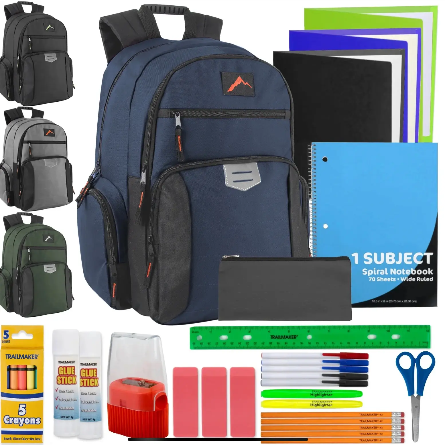 Reflective 18-Inch Multi Pocket Backpack with Laptop Section & 30-Piece School Supply Kit - Navy Blue, Includes Spiral Notebook, Pencils, Pens, Crayons, and More
