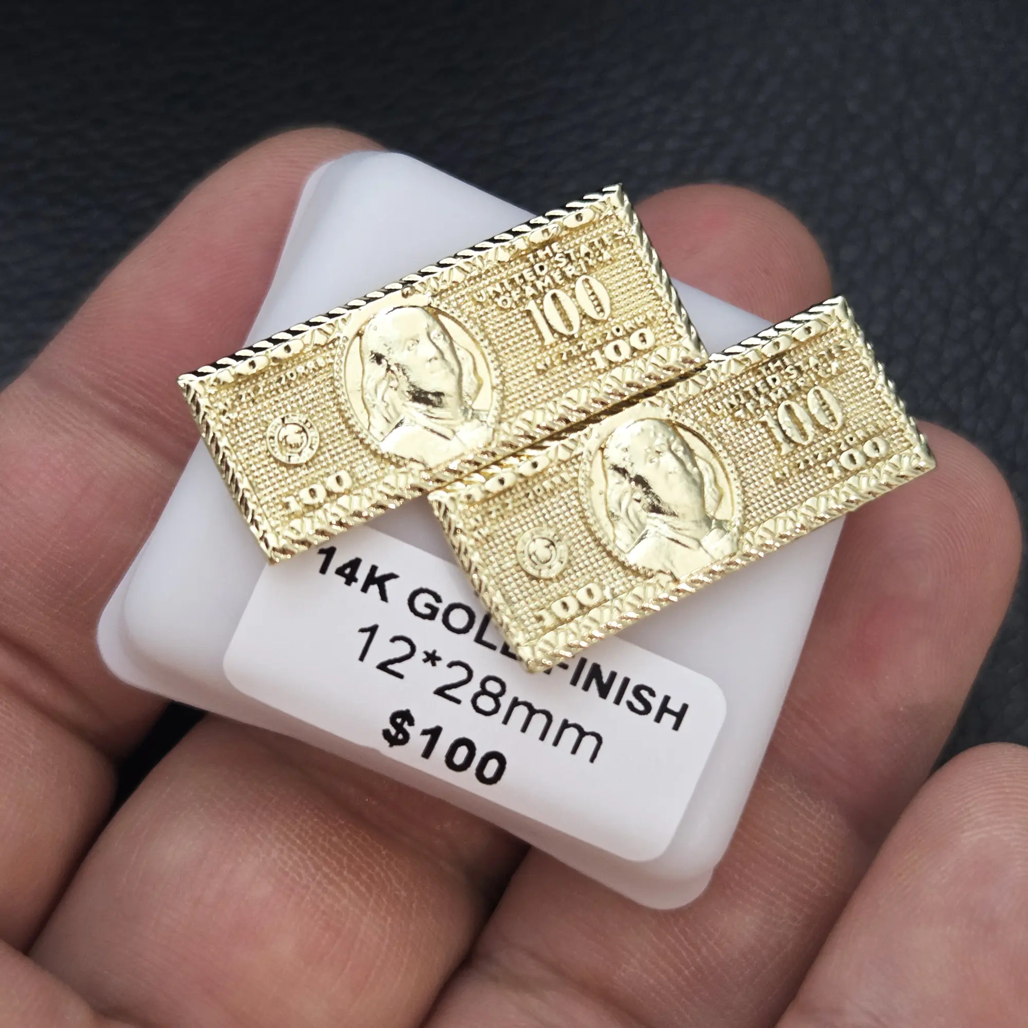 MaxBling81 Unisex AAA+ Brass-Coated Gold Dollar Sign Graphic Earrings (12mm x 28mm) - Rectangular Money Bill Hip Hop Statement Jewelry, High Polish, Casual Men's Fashion Accessories