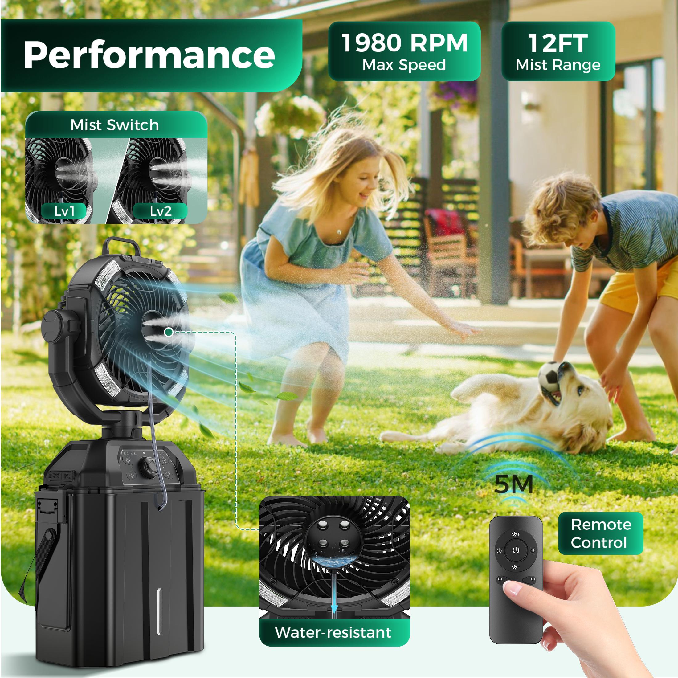 YoungSa Portable Camping Misting Fan with 6L Bucket 32000mAh Rechargeable Multifunction Fan,Infinitely variable speed,4 Spray Mister with LED Lantern,Remote & Hook for Patios,Fishing,Travel,Garden Party,Golf,Outside