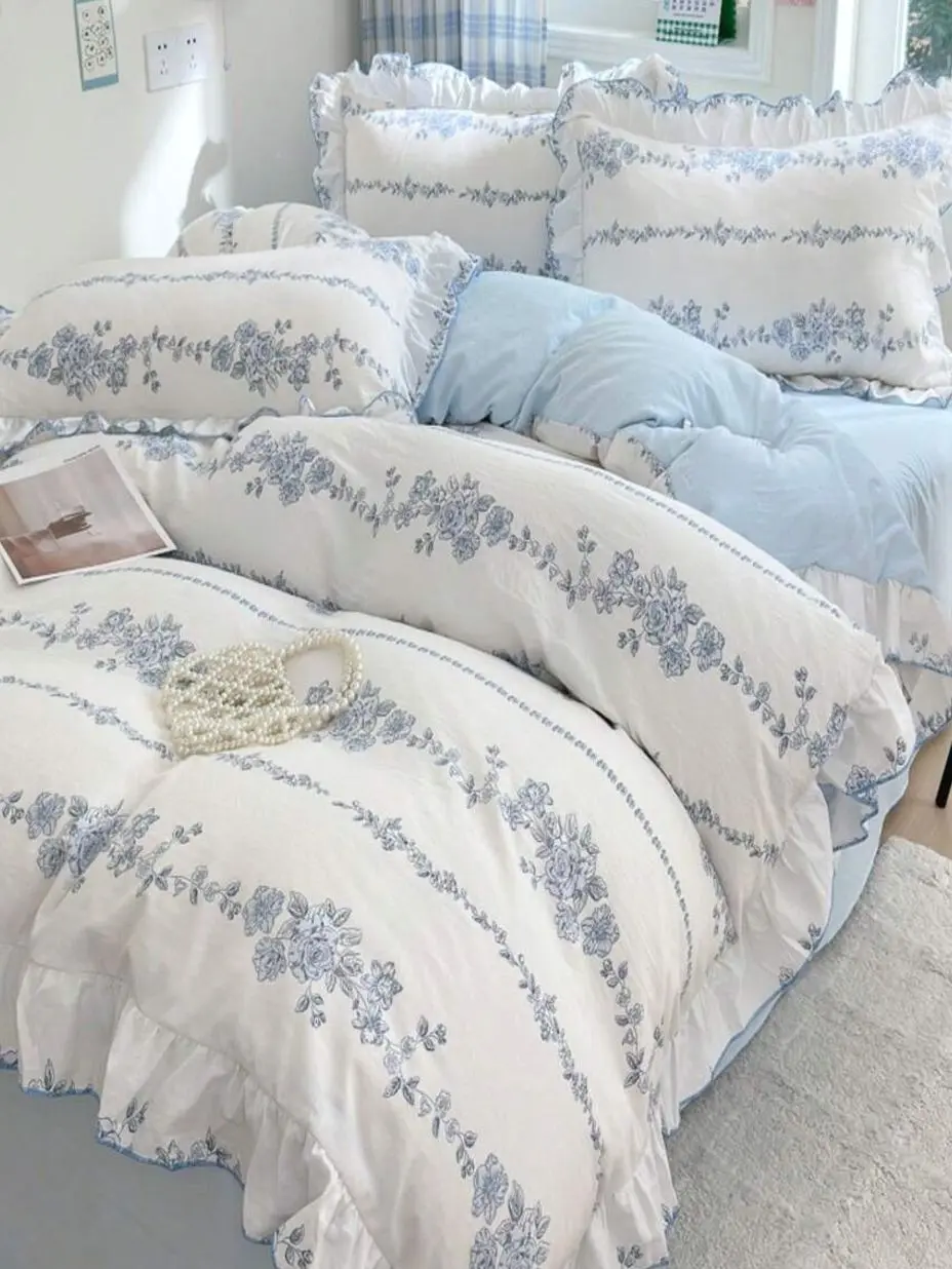 Korean Lace Washed Bedding 4 Pieces Set Includes 1 Quilt Cover 1 Bed Sheet 2 Pillowcases (Without Core)