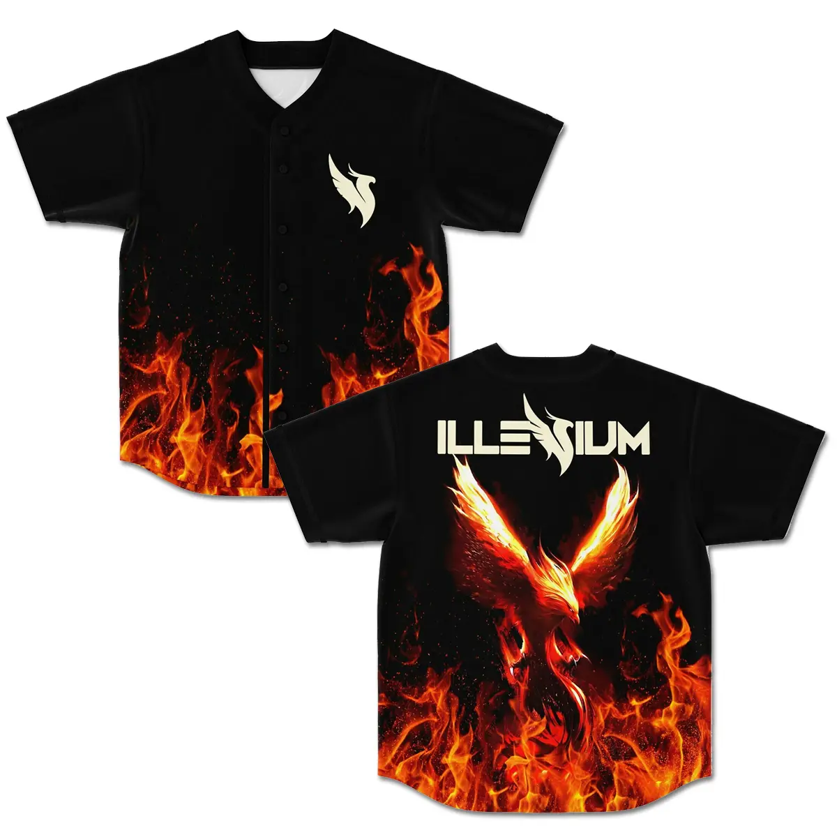 Illenium Baseball Jersey, Fiery Phoenix Flame Shirt, Melodic Basshead EDM Merch, Trilogy Ember Shores EDC Festival Outfit, Fire Graphic Phoenix Logo Button Down Top, Illenials Music Lover Headbanger Gift Unisex Rave Apparel