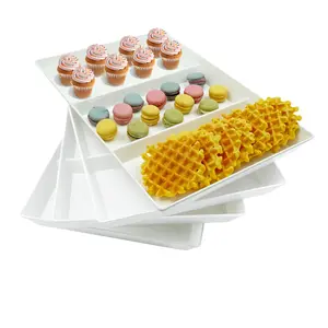 Divided Serving Tray Platter  4 Pack 15" X 10" Fruit Veggie Food For Party Plastic Trays Appetizer Snack Dessert Cookie Brunch Decorations Platters White